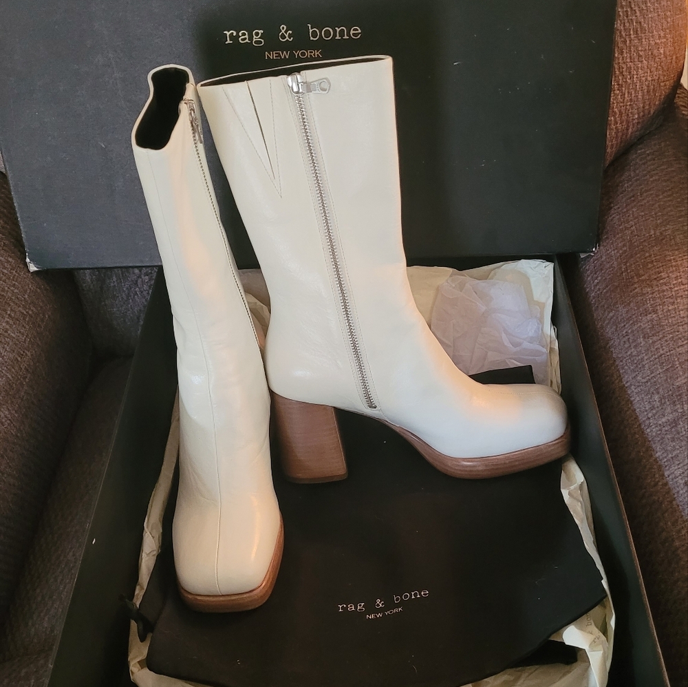 Rag & Bone White Heeled Boots with Modern Minimalist Design